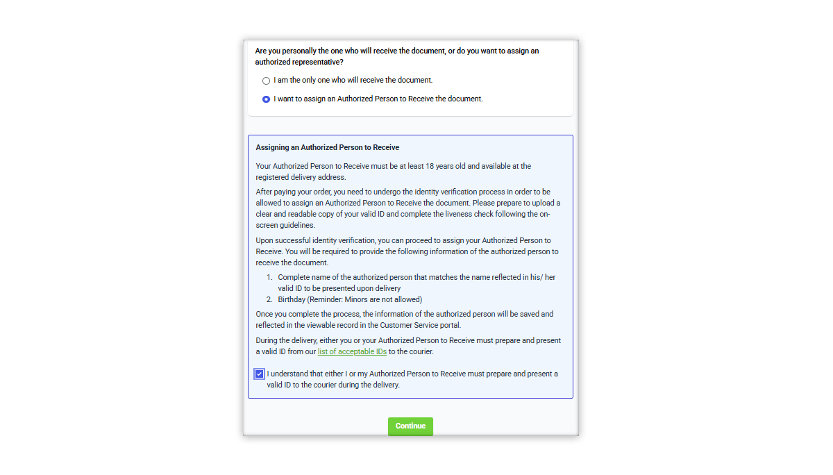 PSAHelpline online form: Selecting 'Assign an Authorized Person to Receive' and viewing the identity verification requirements.